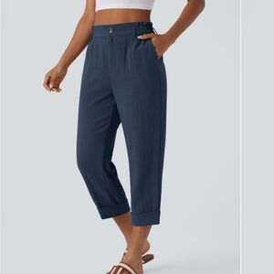 Halara High Waisted Zipper Pocket Capri Linen-Feel Pants